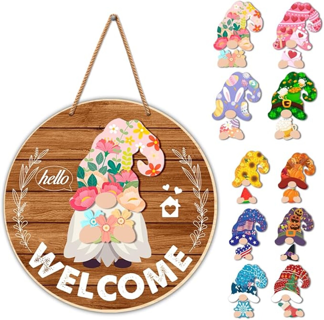 Gnome Welcome Sign Interchangeable Porch Decor, DIY Seasonal Decor Wood Winter Spring Valentine's Day Wreath Hangers for Front Door Changeable Holiday Gnomes Decorations for Home Wall Decor (21 Pcs)